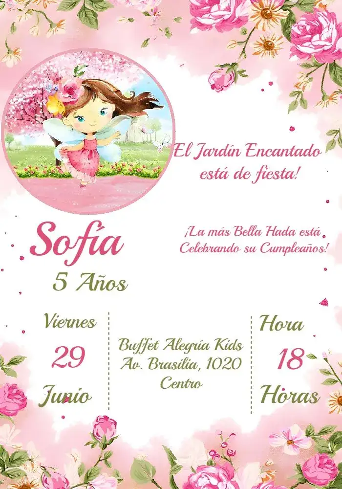 Invitación Jardín de Hadas Rosa – tema Fechas Conmemorativas colorido, lúdico, mágico, floral, infantil, romántico