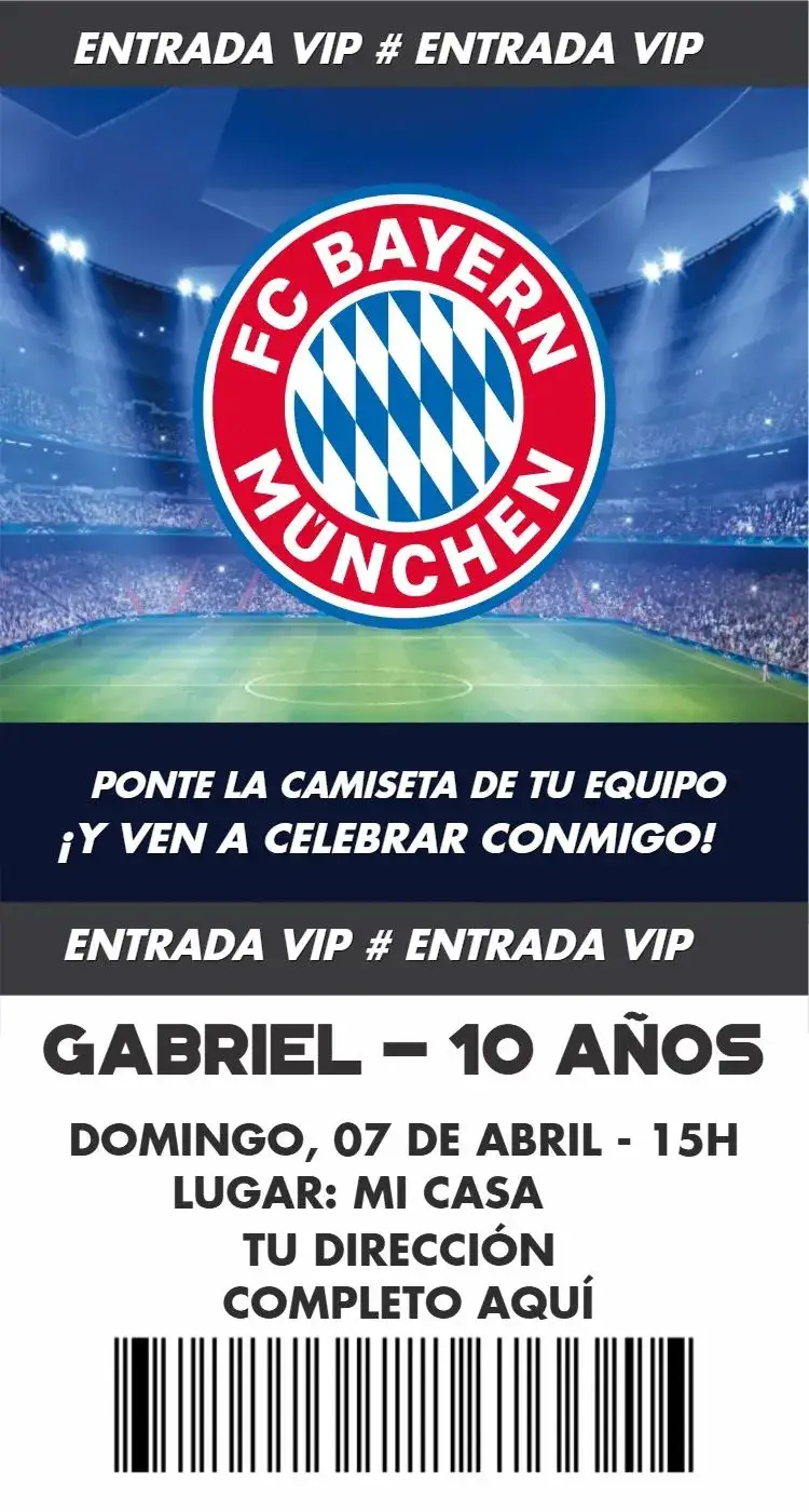Invitación Entrada Bayern de Munique – tema Cumpleaños rojo y blanco, fútbol, moderno, deportivo, dinámico