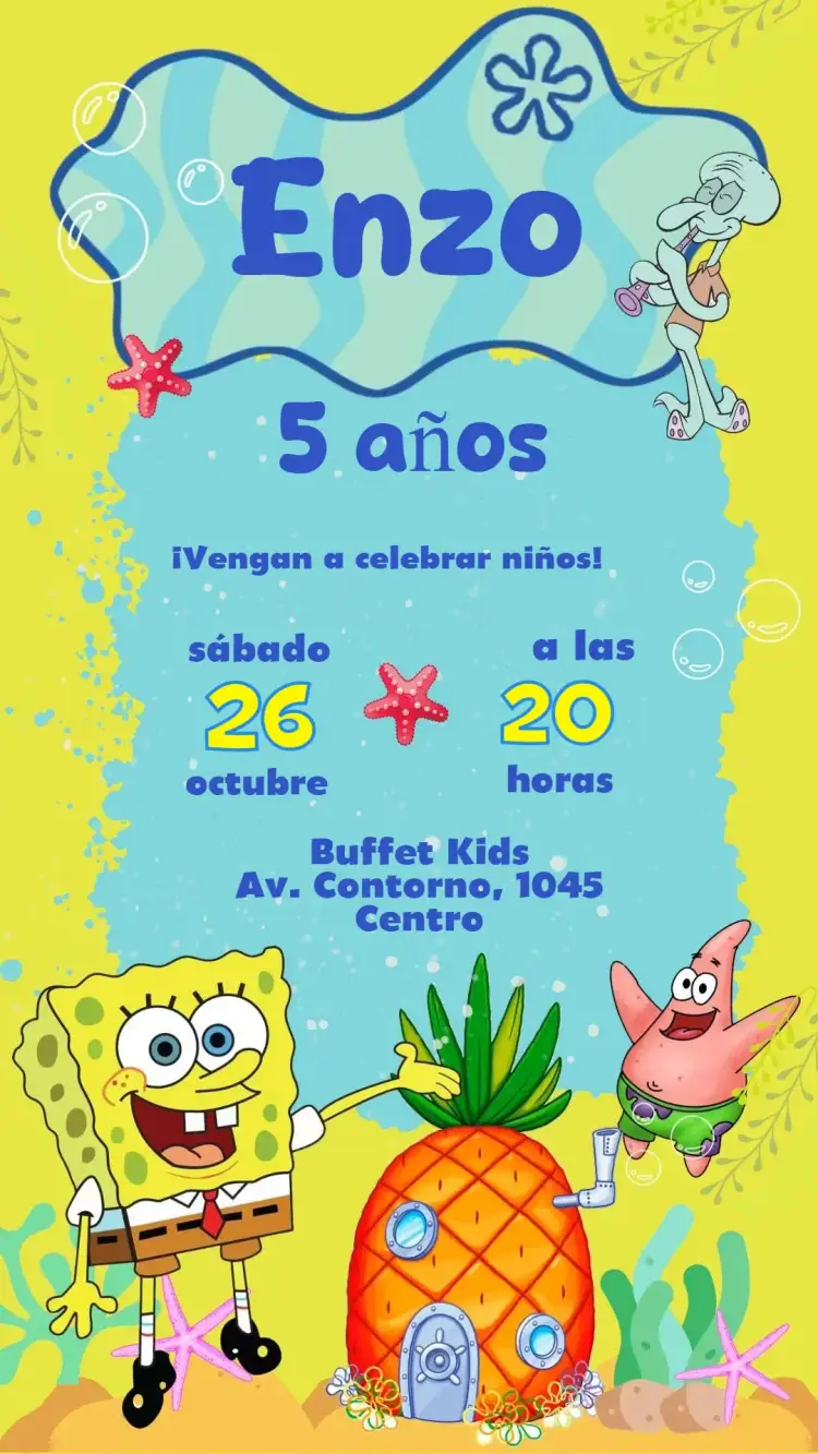 Invitación Bob Esponja – tema Cumpleaños Infantil colorido, marino, divertido, infantil, lúdico