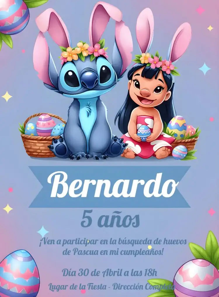 Invitación Pascua Lilo y Stitch Infantil – tema Fechas Conmemorativas colorido, divertido, Disney, infantil, temático
