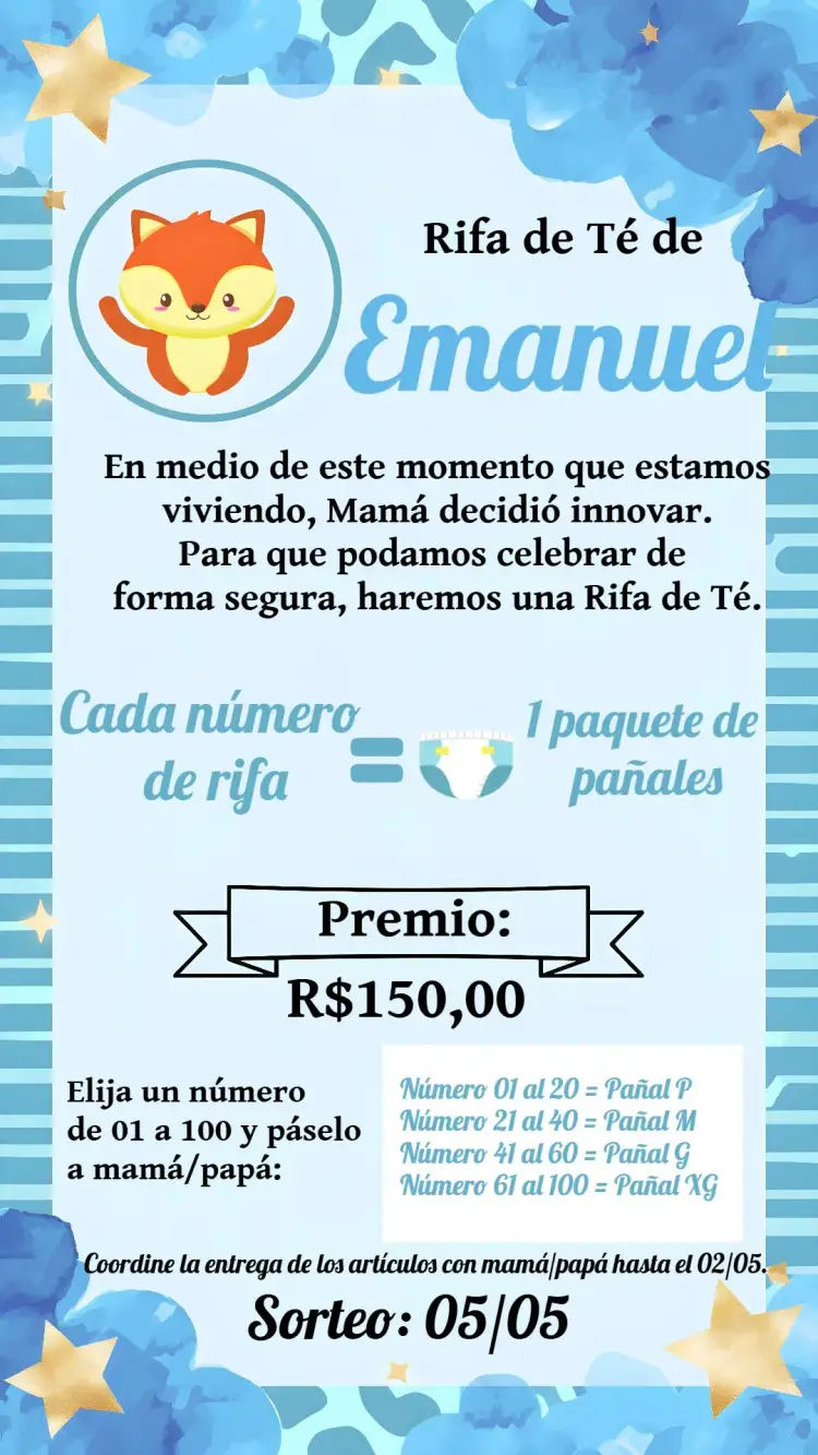 Invitación Té Rifa Zorro Nube – tema Té Rifa acuarela, boho, infantil, encantado, colorido