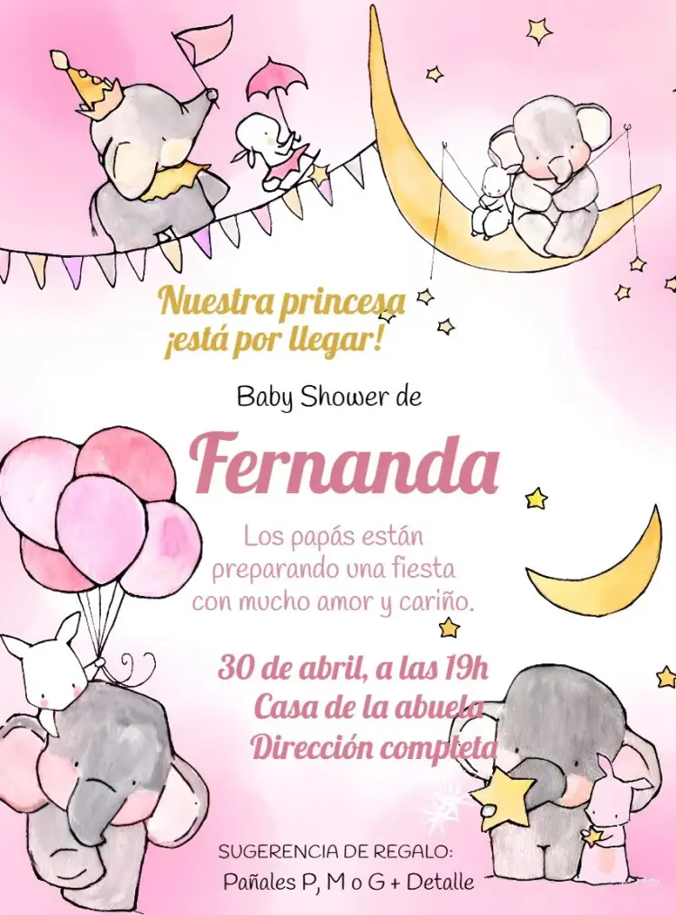 Invitación Baby Shower Elefantita Rosa Niña Infantil editable y personalizable