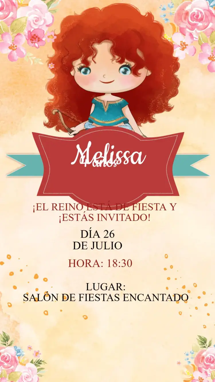 Invitación Invitación Cumpleaños Princesa Merida Valiente – tema Cumpleaños Infantil fantasía, colorido, aventura, naturaleza, princesas, mágico