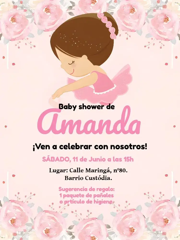 Invitación Baby Shower Bailarina Princesa Blanco – tema Despedida de Soltera bailarina, rosa y blanco, femenino, delicado, moderno, temático