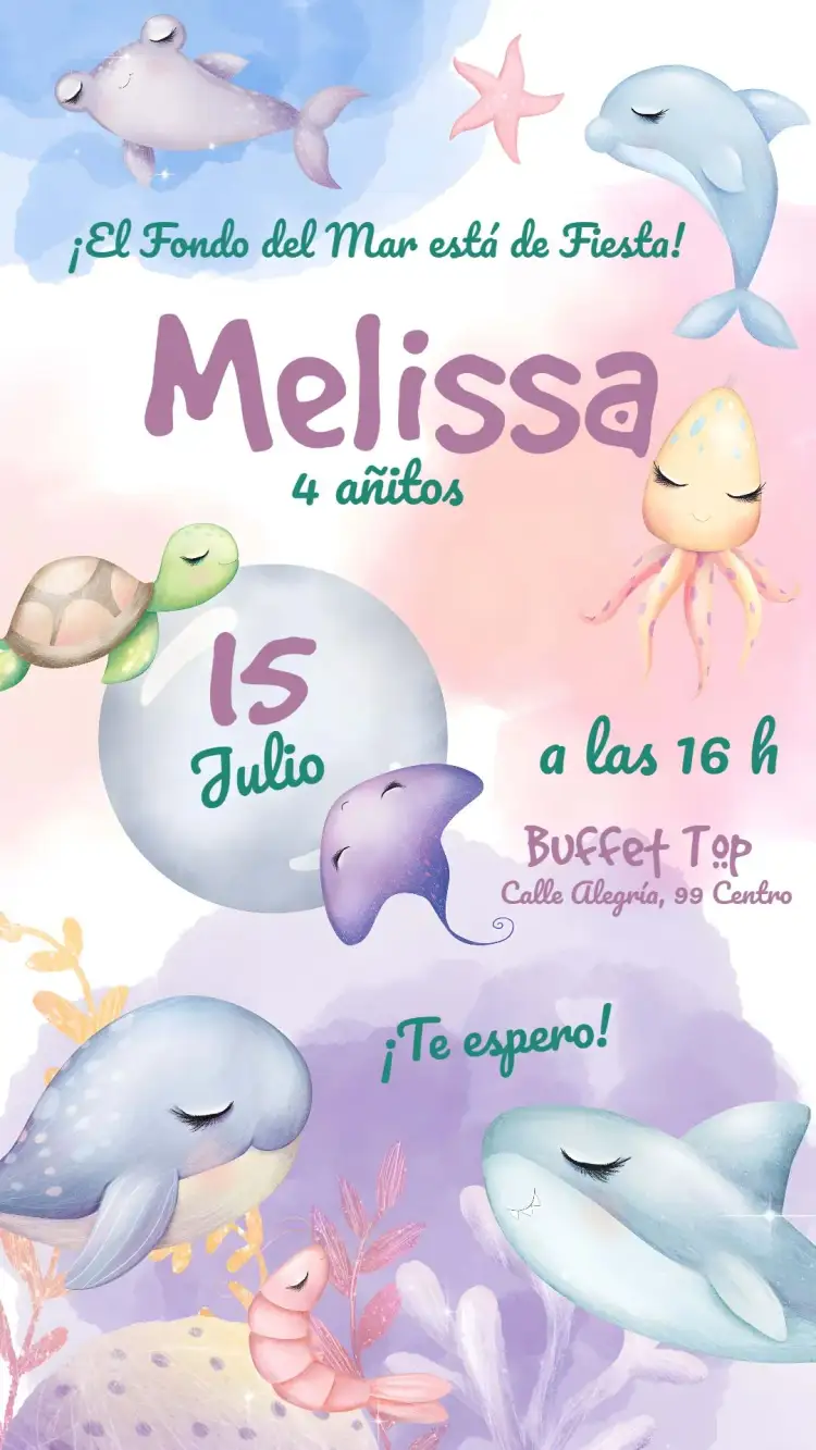 Invitación Fondo Del Mar Niña Infantil – tema Cumpleaños Infantil acuático, lila, acuarela, divertido, colorido, infantil