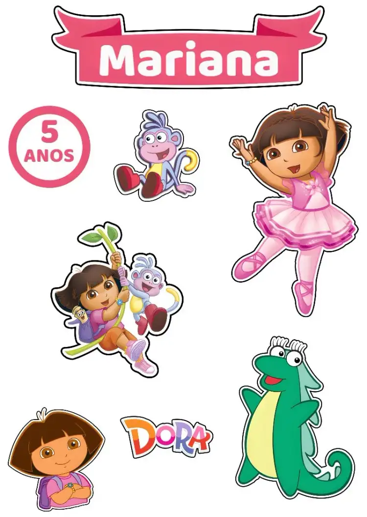 Invitación Topo De Pastel Dora La Exploradora Rosa – tema Topper de torta colores vibrantes, estilo infantil, elementos gráficos divertidos, tema rosa, ilustraciones de personajes, decoración alegre