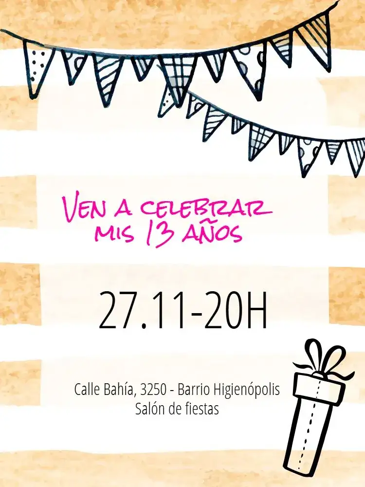 Invitación Banderines – tema Cumpleaños rosa, colorido, divertido, femenino, festivo, infantil