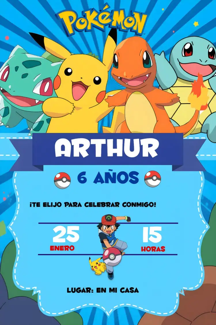 Invitación Pokemon – tema Más buscados Pokémon, animación, infantil
