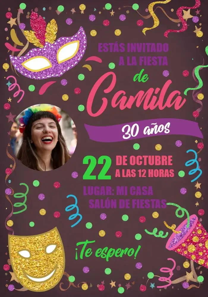 Invitación Carnaval Con Foto Serpentina – tema Fechas Conmemorativas colorido, festivo, vibrante, alegre, gráfico, temático