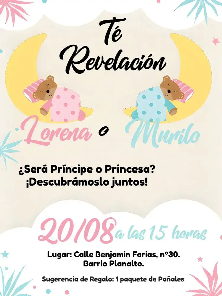 Invitación Baby Shower Ositos Niño – tema Revelación Bebé lindo, colorido, infantil, moderno, divertido
