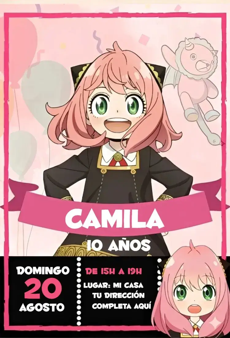 Invitación Spy x Family 1 – tema Cumpleaños anime, festivo, boleto