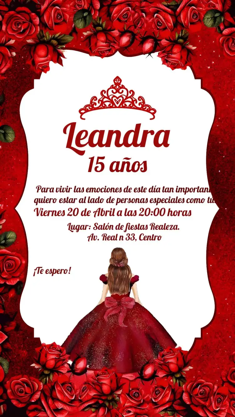 Invitación Rojo Brillante 15 – tema 15 años glamuroso, romántico, dorado, vibrante, festivo, elegante