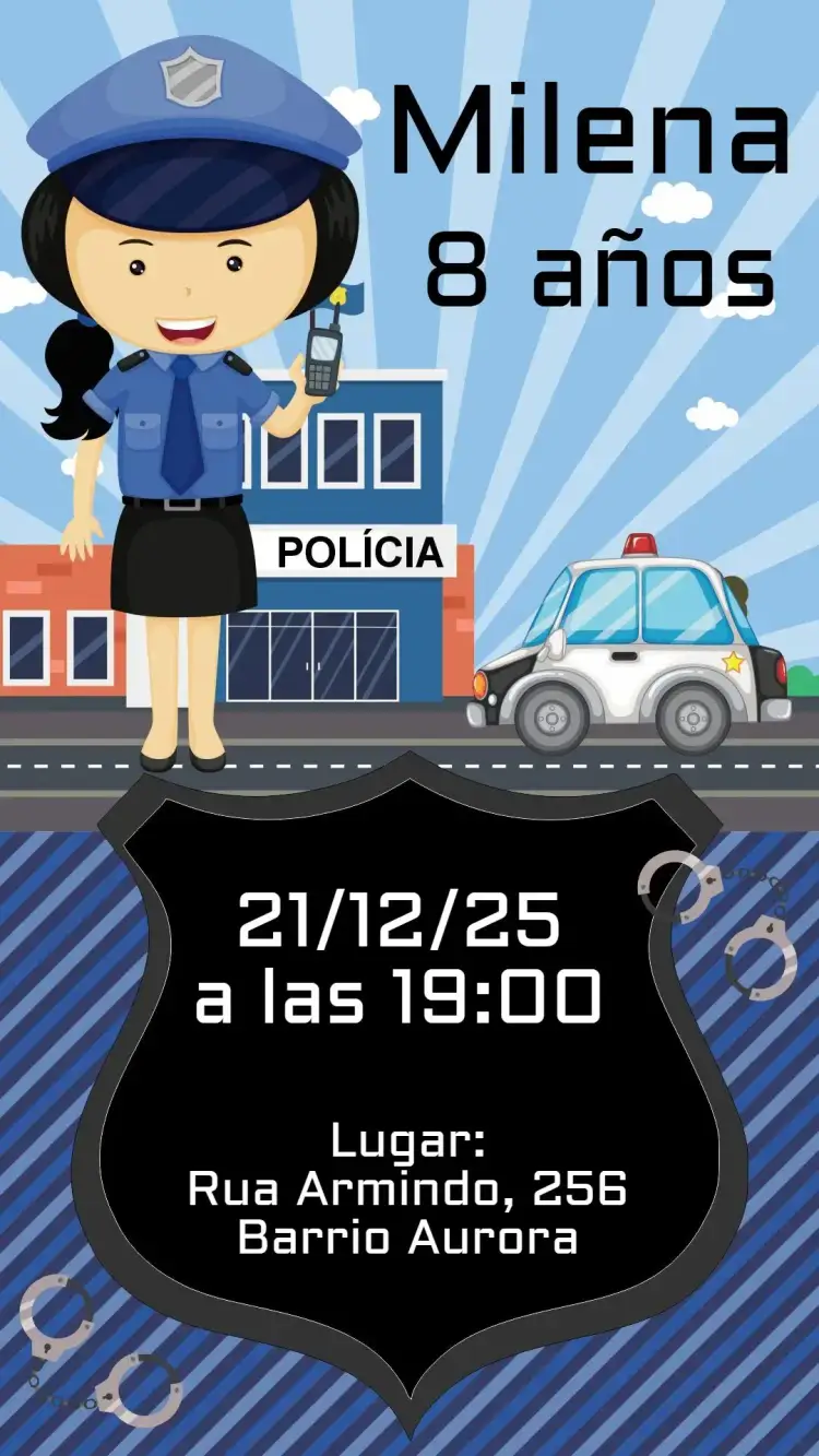 Invitación Policía Niña – tema Cumpleaños policía, colorido, divertido, infantil, aventura, moderno