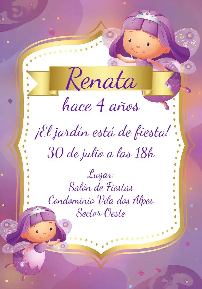 Invitación Jardín de Hadas Lila – tema Fechas Conmemorativas lila, rosa, blanco, hadas, fantasía, infantil