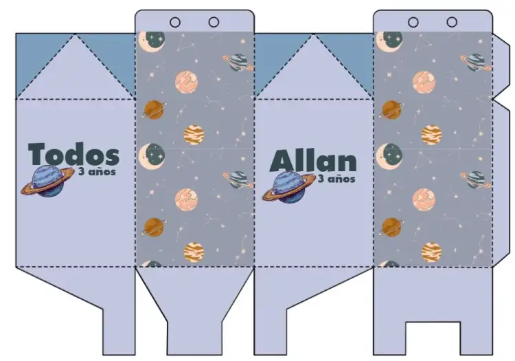 Invitación Caja Milk Planetas Astros – tema Más buscados temático espacial, cósmico, colorido, divertido, lúdico