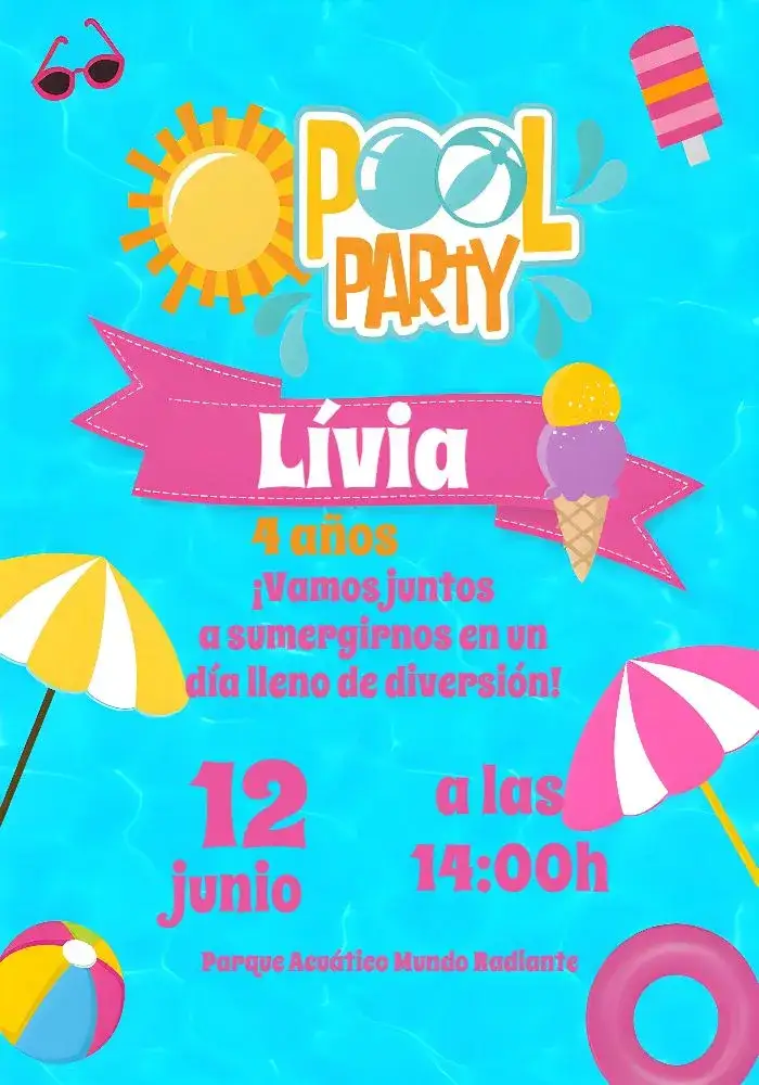 Invitación Pool Party Playa – tema Más buscados colorido, tropical, divertido, marinho, veranil