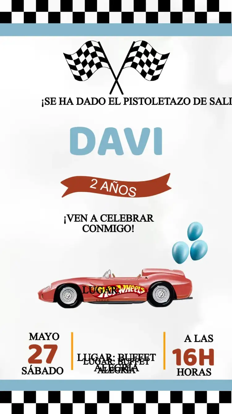 Invitación Invitación Cumpleaños Hotwheels – tema Cumpleaños Infantil colores vibrantes, estilo moderno, elementos gráficos de carreras, diseño dinámico, tema aventurero