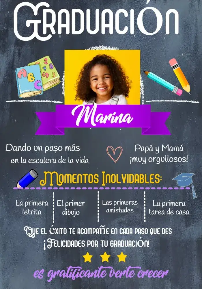 Invitación Graduación Infantil Con Foto Niña – tema Graduación pizarra, moderno, colorido, divertido, infantil