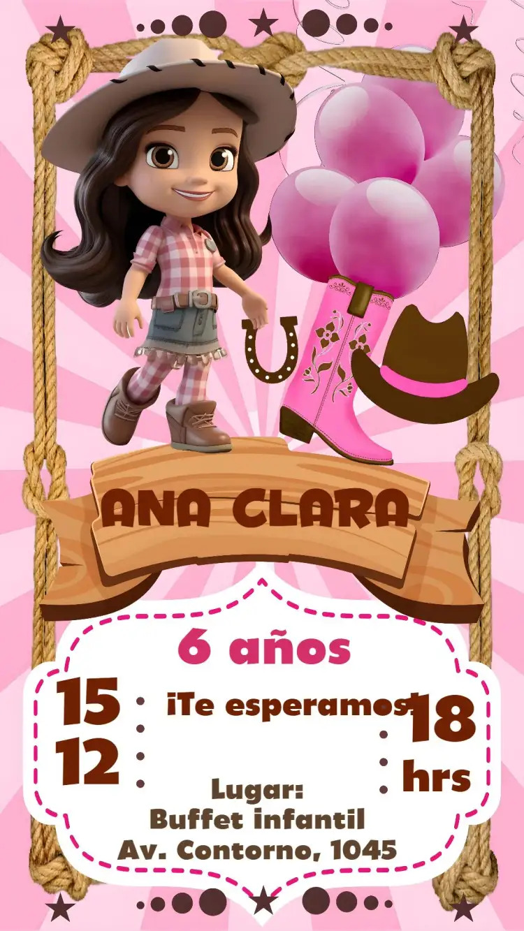 Invitación Boiadeira – tema Cumpleaños rosa, divertido, festivo, colorido, moderno