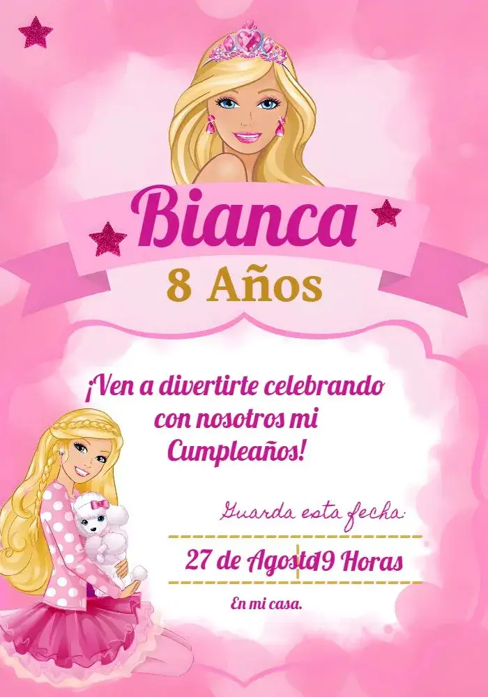 Invitación Barbie Blanco – tema Más buscados rosa, dorado, blanco, moderno, divertido, infantil
