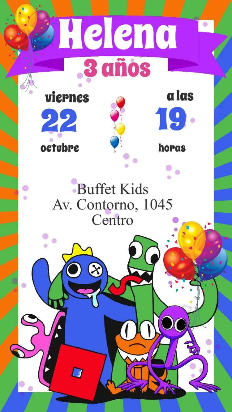 Invitación Rainbow Friends – tema Cumpleaños arcoíris, colorido, divertido, infantil, amigos, ilustraciones lúdicas