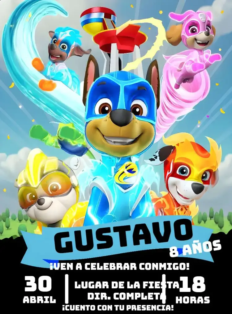 Invitación Patrulla Canina Perros – tema Cumpleaños Infantil colores vibrantes, estilo divertido, elementos gráficos de perros, inspiración en superhéroes, temática infantil, diseño alegre