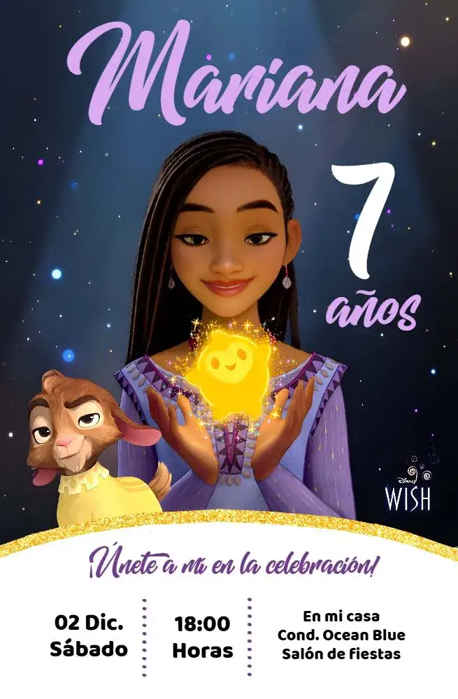 Invitación Wish El Poder De Los Deseos Asha Disney – tema Fechas Conmemorativas mágico, colorido, infantil, temático, divertido