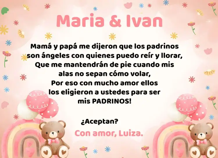 Invitación Para Padrinos Osita Acuarela Bautizo – tema Bautismo delicado, acuarela, rosa, infantil, tierno