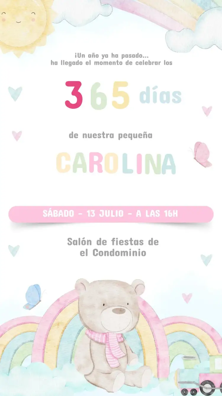 Invitación Invitación Cumpleaños Infantil 365 Sonrisas Niña – tema Cumpleaños Infantil colorido, lúdico, divertido, alegre, infantil