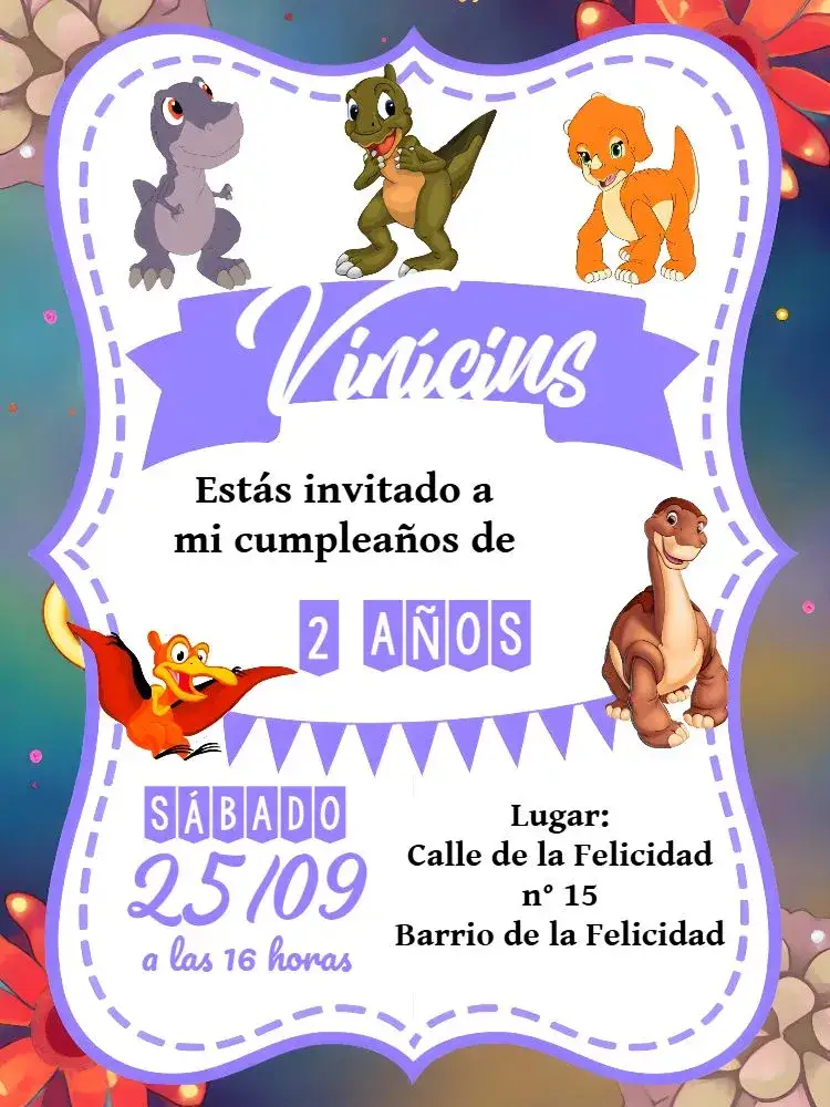 Invitación En Busca Del Valle Encantado Blanco – tema Cumpleaños Infantil blanco, de fantasía, mágico, colorido, infantil