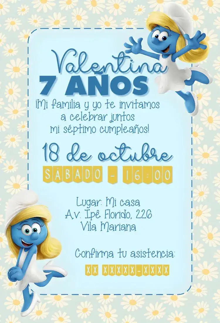 Invitación Pitufos – tema Cumpleaños Infantil azul vibrante, flores coloridas, ilustraciones lúdicas, estilo cartoon, elementos de fantasía, estética divertida