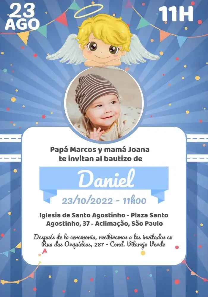 Invitación Bautizo Con Foto Azul – tema Bautismo azul y blanco, minimalista, moderno, delicado, infantil