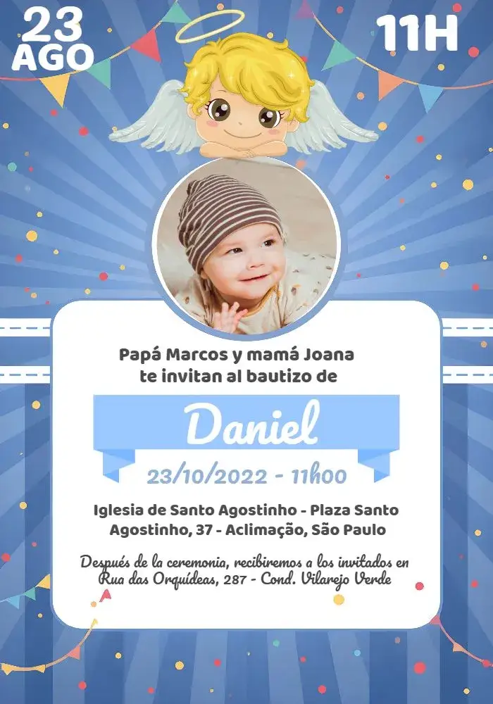 Invitación Bautizo Con Foto Azul