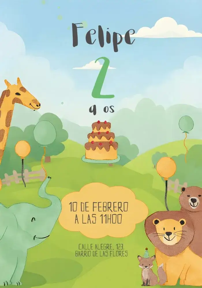 Invitación Safari Elefante – tema Cumpleaños Infantil colorido, divertido, animales de la selva, tropical, infantil, ilustraciones lúdicas