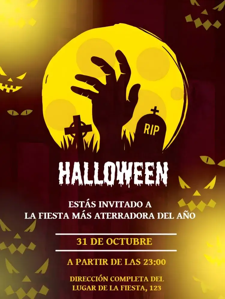 Invitación Halloween Brujas – tema Fechas Conmemorativas amarillo, misterioso, fantasía, gótico, ilustración de brujas, elementos de cementerio
