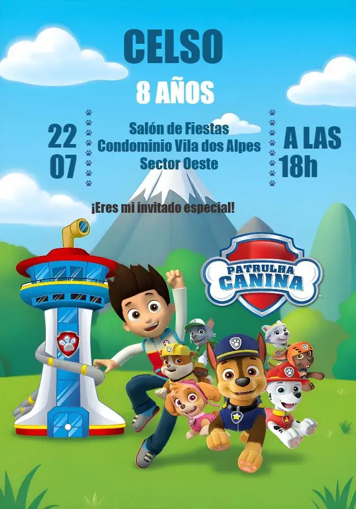 Invitación Logo Patrulla Canina – tema Cumpleaños Infantil colorido, divertido, temático, infantil, animado