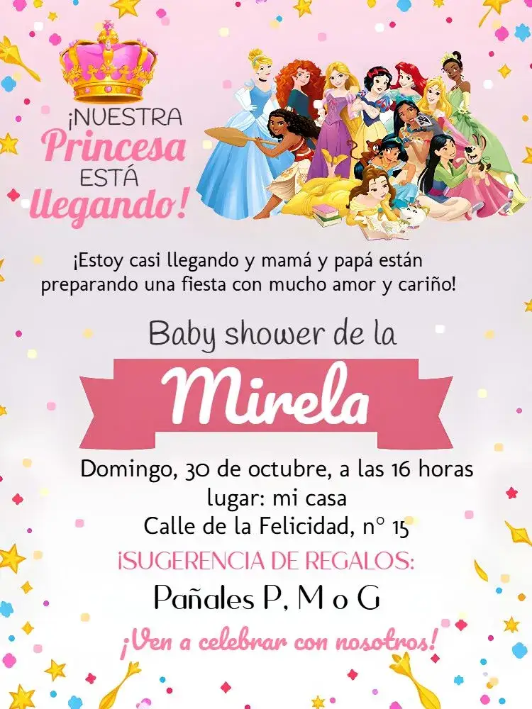 Invitación Baby Shower Princesas Realeza – tema Baby Shower rosa, blanco, negro, corona, realeza, princesas