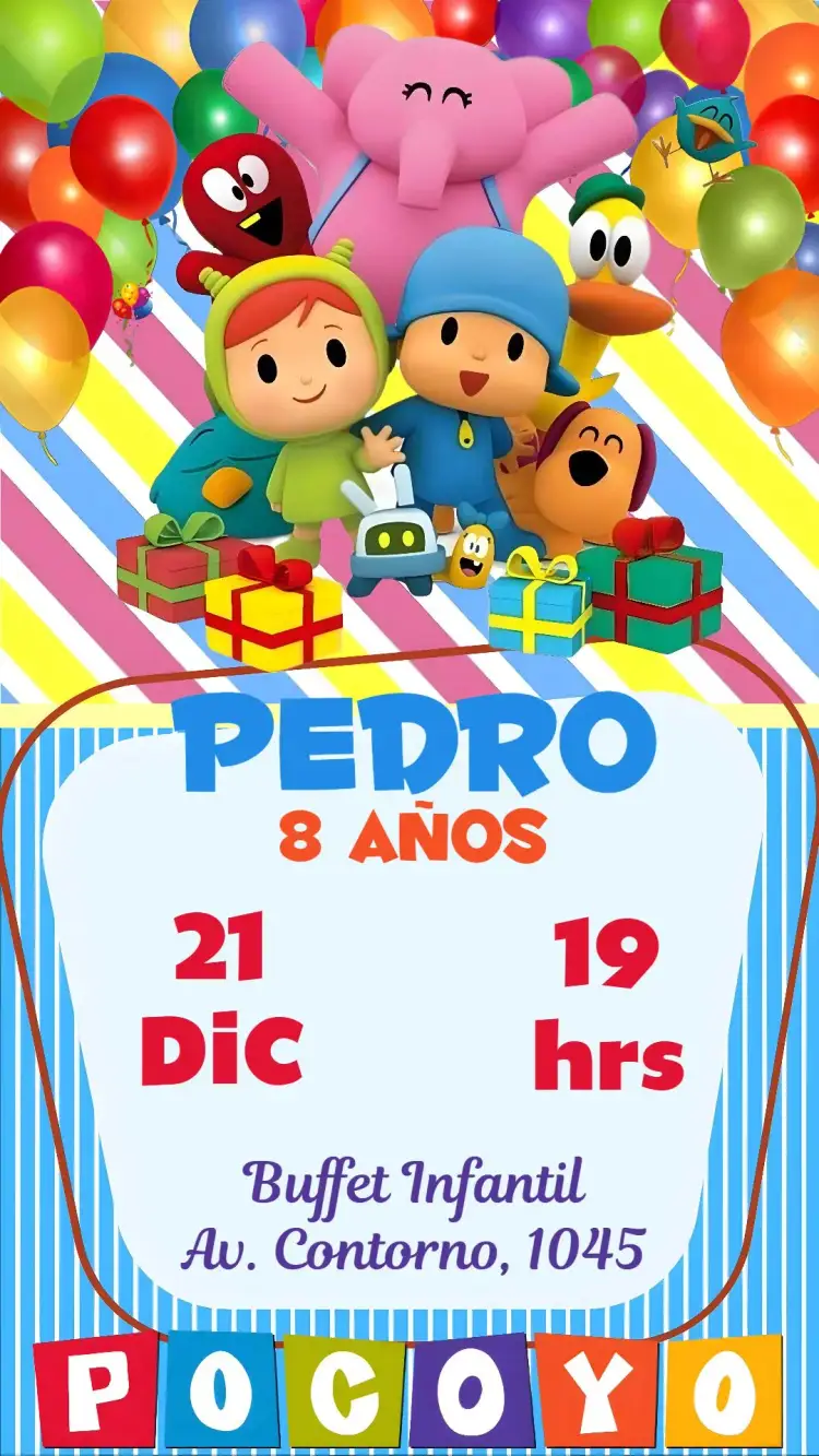 Invitación Pocoyo – tema Cumpleaños Infantil infantil, fiesta, personajes animados