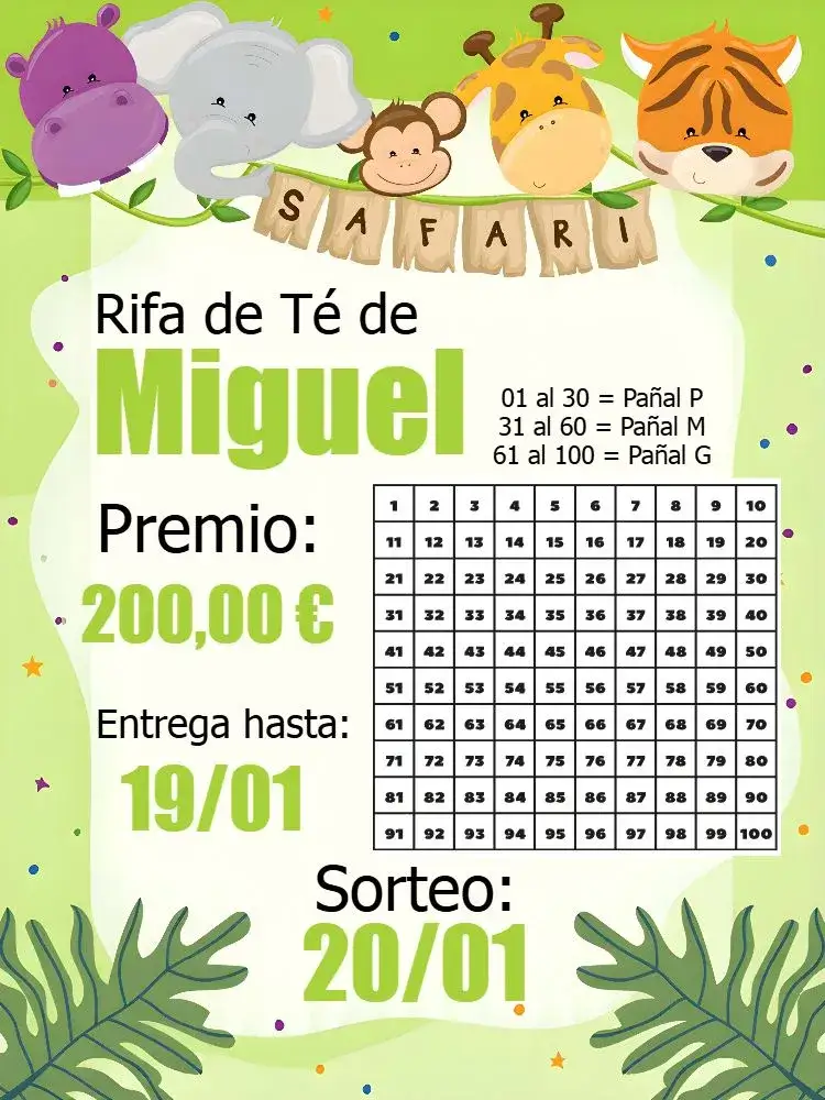 Invitación Baby Shower Safari Raffle Tea – tema Té Rifa safari, animales de la selva, verde vibrante, divertido, colorido, tropical