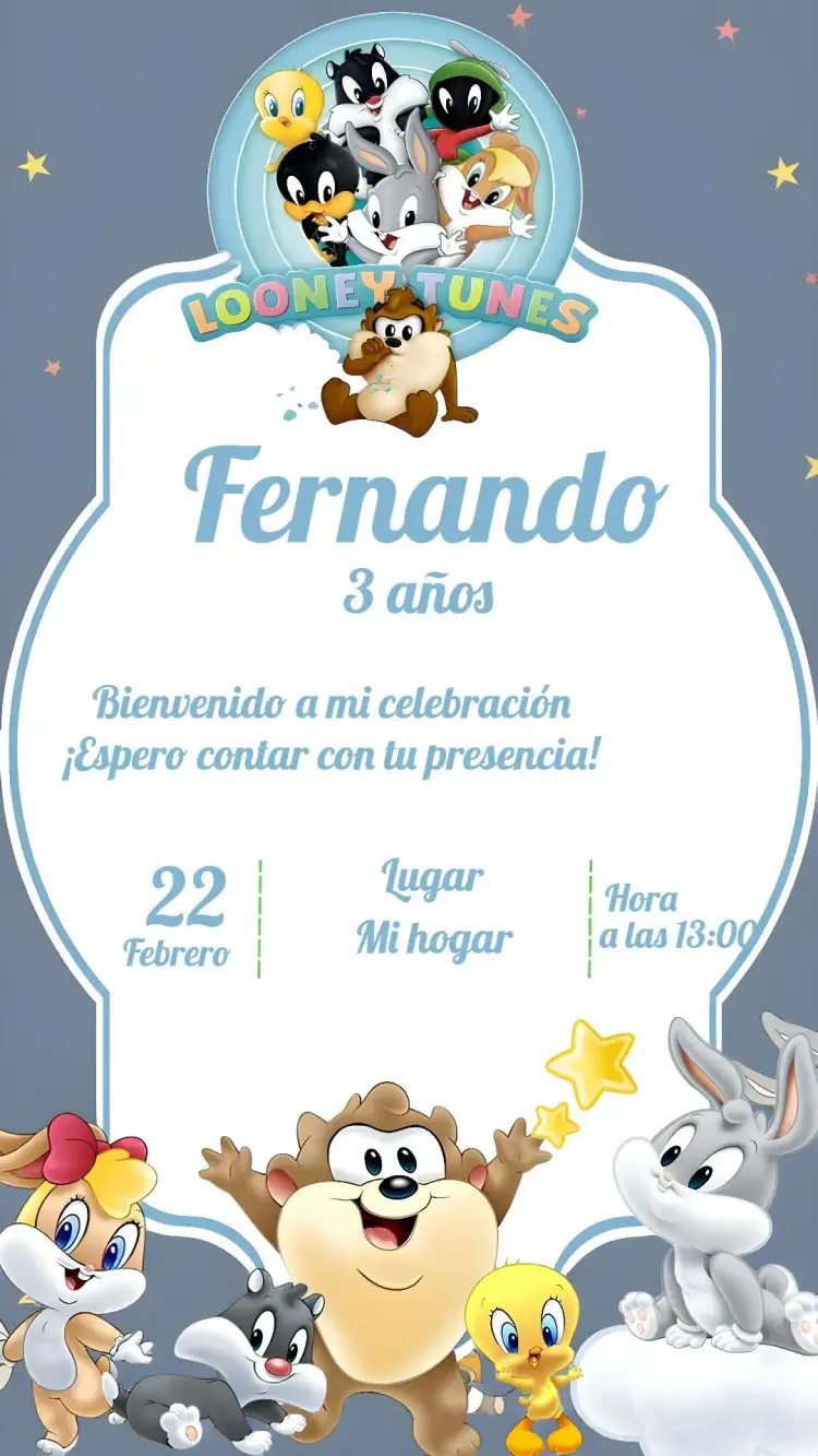 Invitación Looney Tunes Baby Infantil – tema Más buscados amarillo, divertido, colorido, infantil, personajes animados