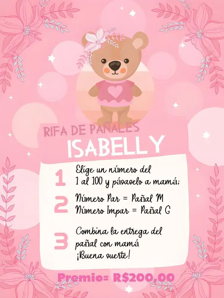 Invitación Té Rifa Osita Floral Bendición – tema Té Rifa floral, rosa, lilas, blanco, tierno, infantil