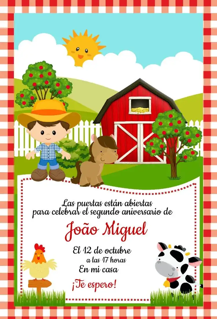 Invitación Granja del Niño – tema Cumpleaños Infantil rústico, vibrante, colorido, temático, divertido, campestre