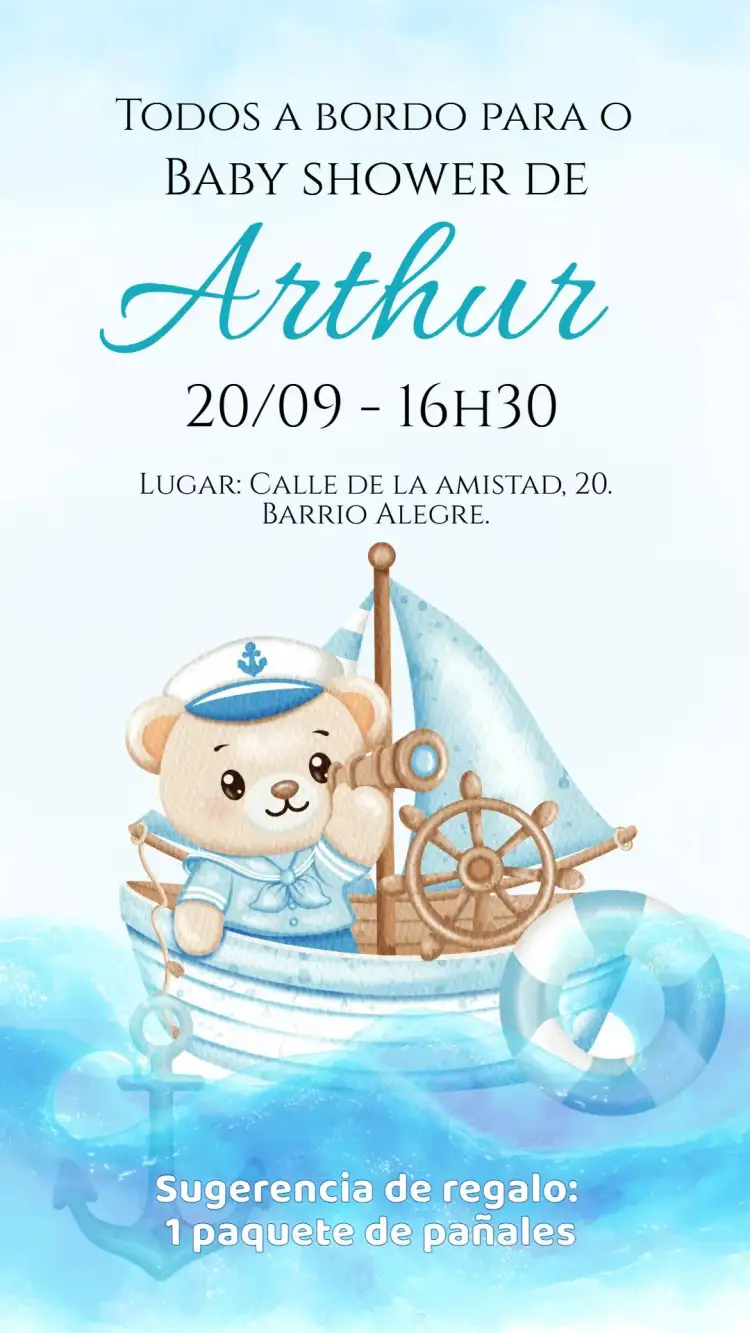 Invitación Invitación digital Baby Shower/Pañales Osito Marinero – tema Baby Shower marinero, azul y blanco, tierno, infantil, náutico, divertido