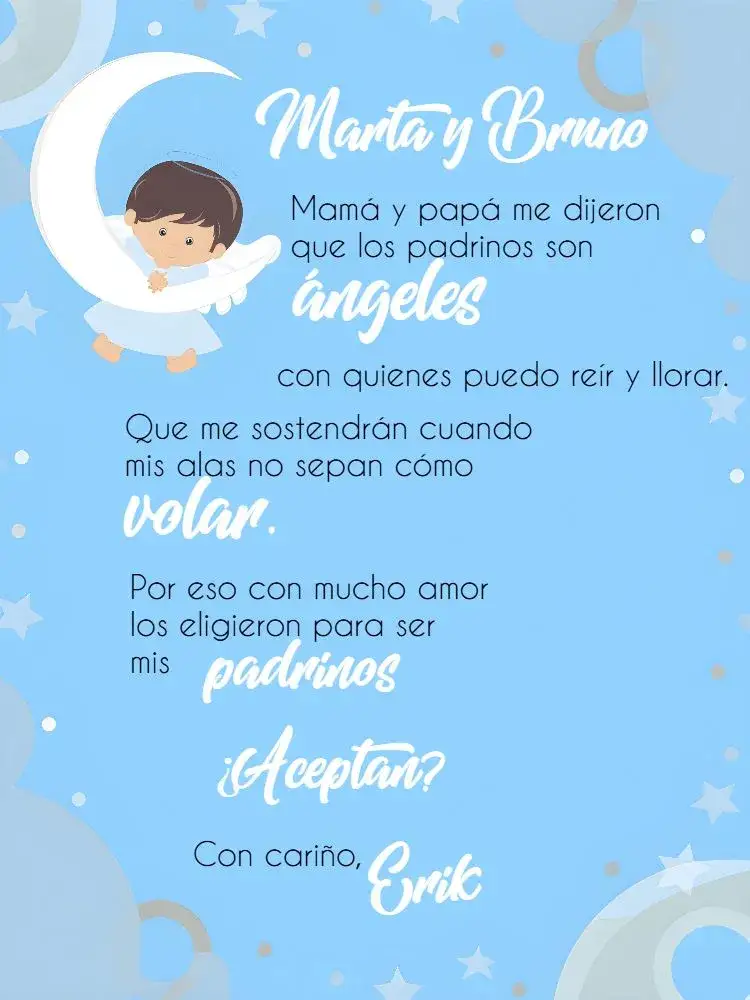 Invitación Bautizo Padrinos Blanco – tema Bautismo blanco, azul, angelito, delicado, moderno