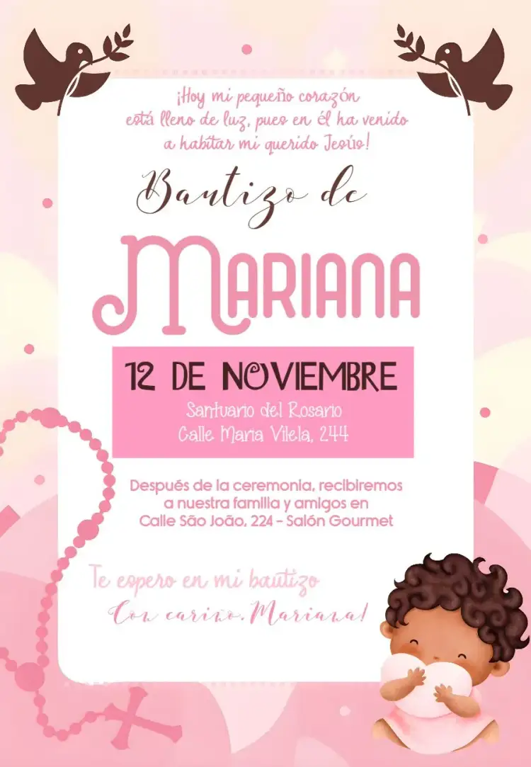 Invitación Bautizo Rosa – tema Primera Comunión rosa suave, ángeles, minimalista, floral, moderno