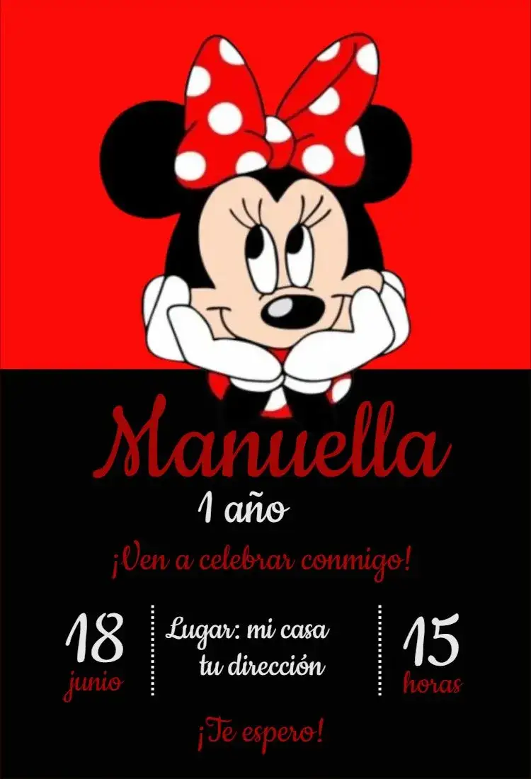 Invitación Invitación Minnie Roja y Negra – tema Cumpleaños Infantil rojo, negro, divertido, temático, infantil, colorido
