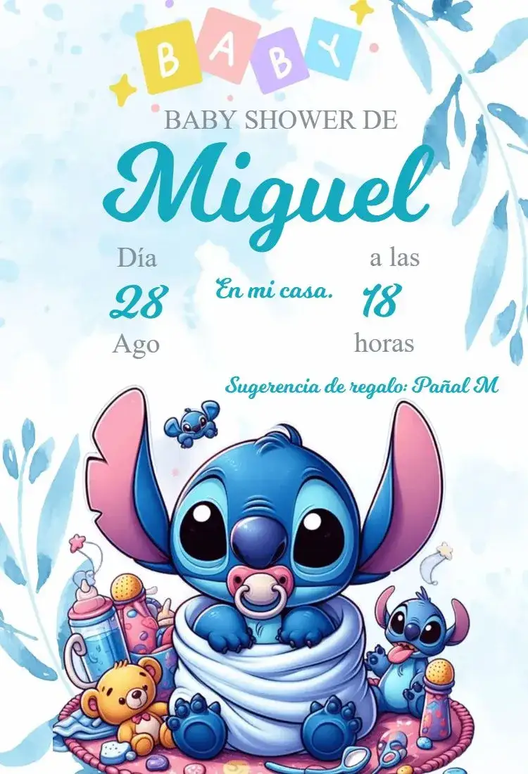Invitación Invitación Baby Shower de Stitch – tema Baby Shower personaje animado, infantil, acuarela