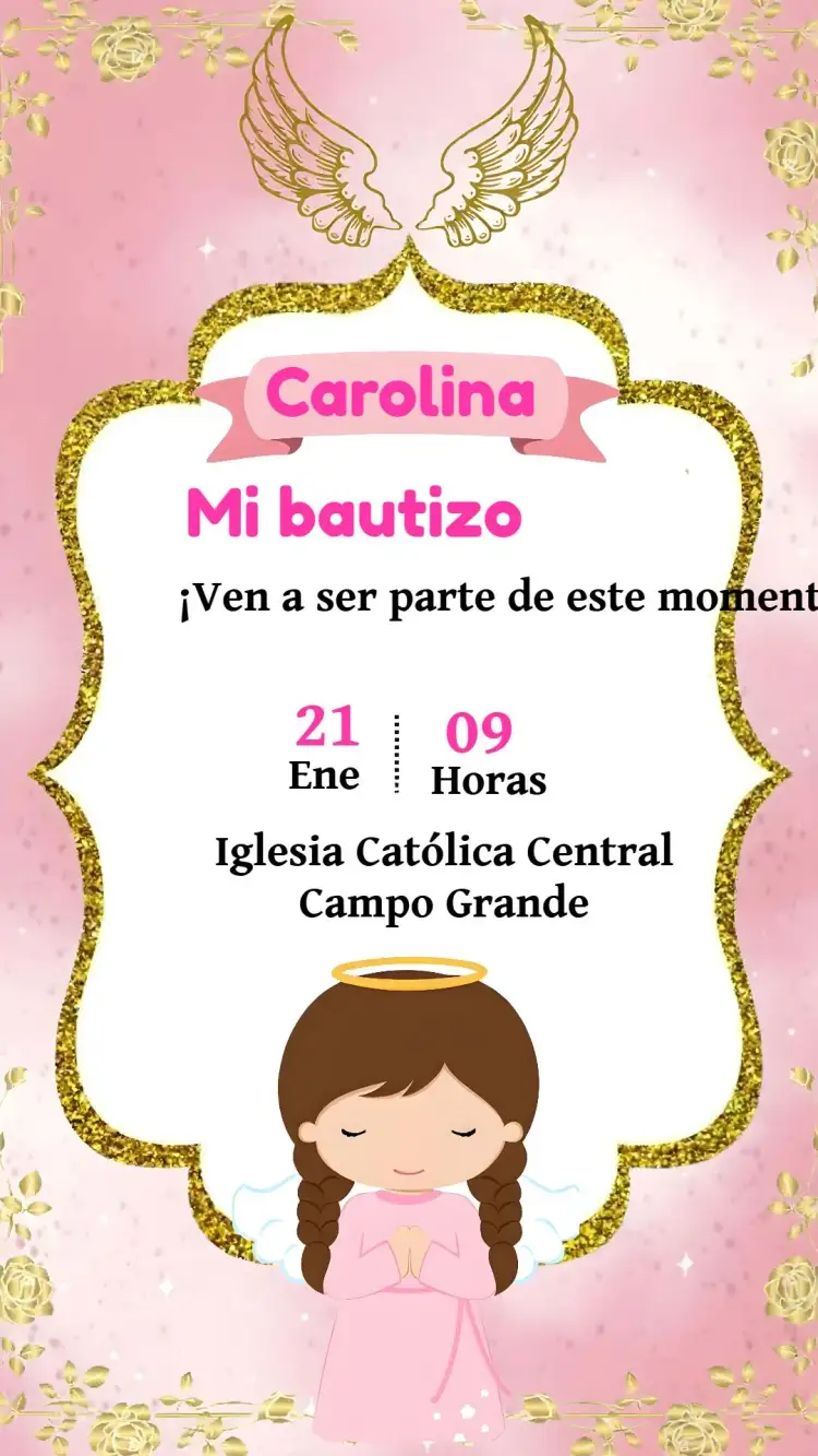 Invitación Bautizo Angelito Niña Infantil – tema Bautismo rosa, brillantina, angelitos, infantil, dorado, delicado