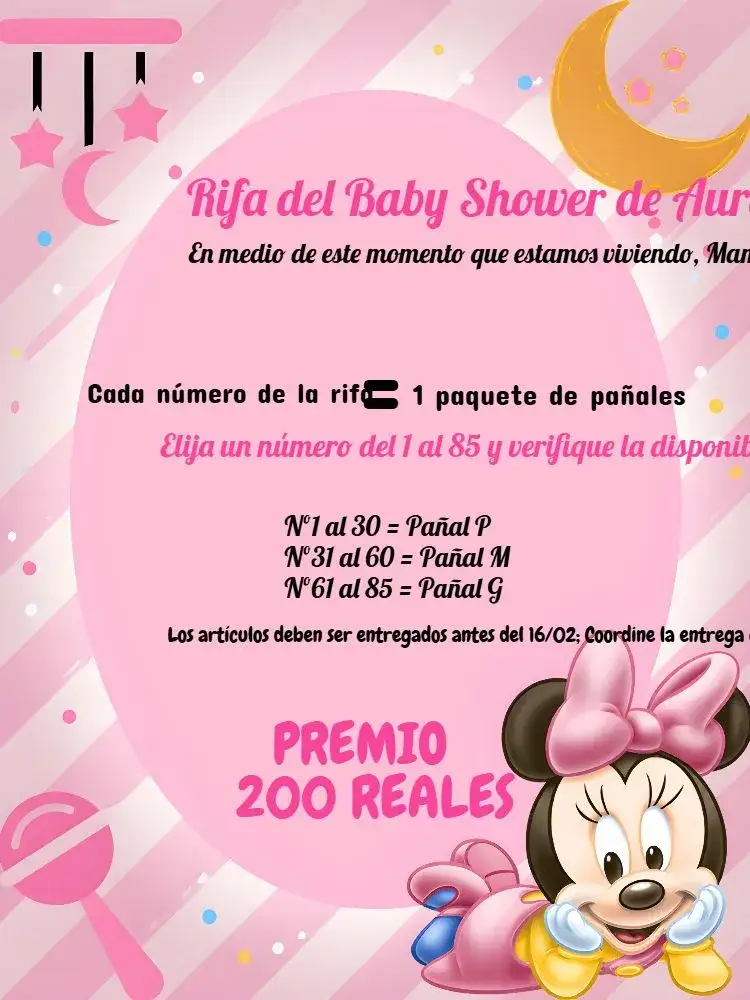 Invitación Té Rifa Minnie Mouse Cha – tema Té Rifa colorido, infantil, temático, divertido, Disney, moderno