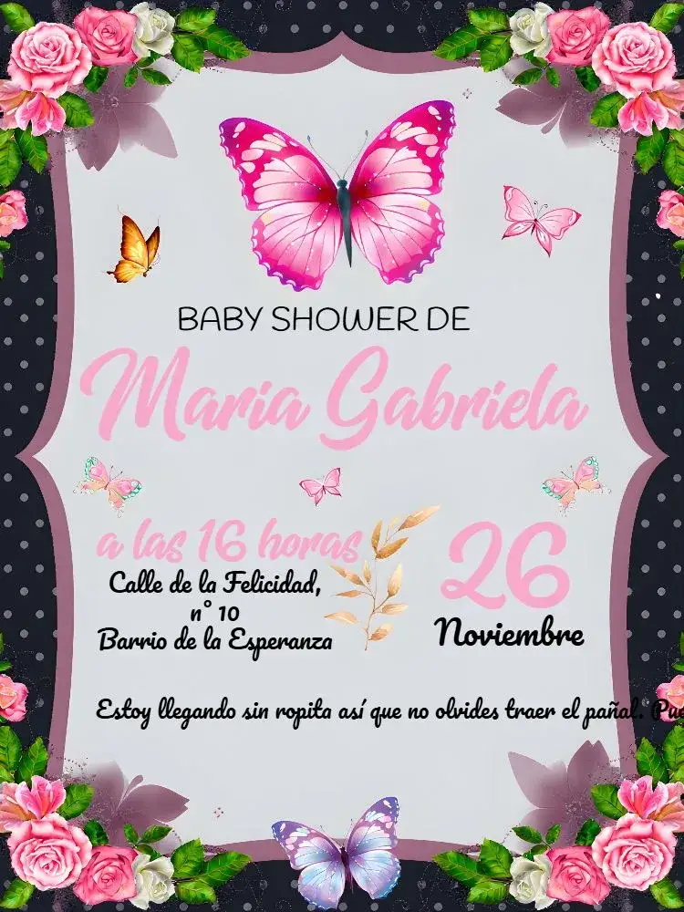 Invitación Baby Shower Mariposas Jardín – tema Baby Shower floral, acuarela, romántico, colorido, delicado, jardín
